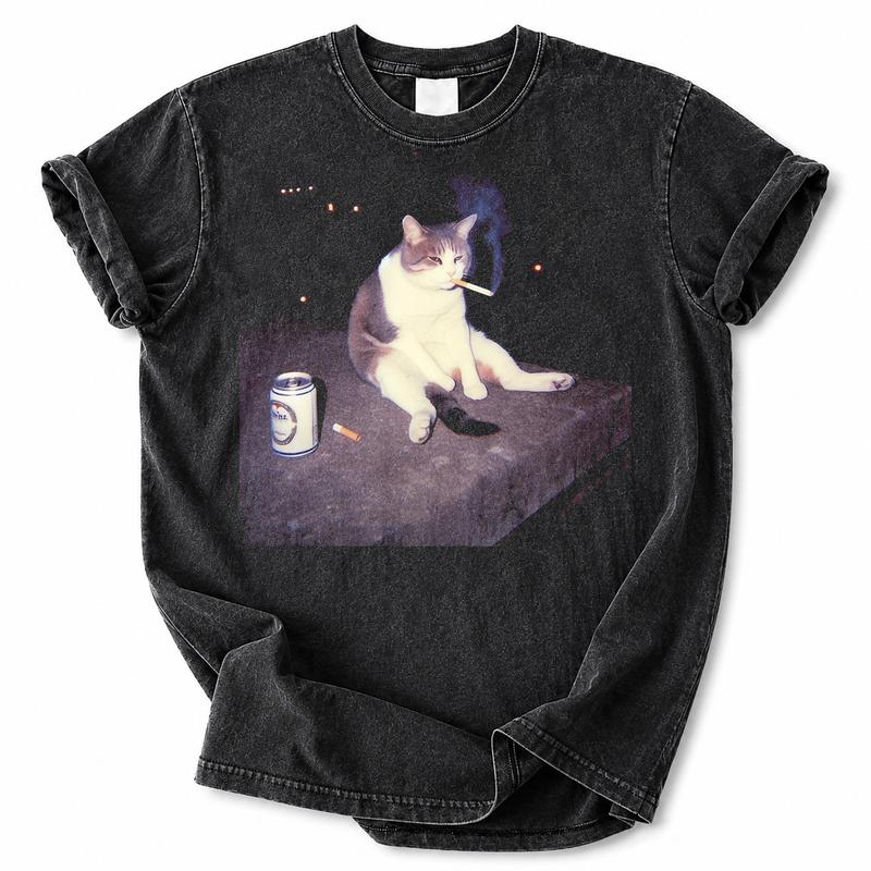 Women's EMO Cat Print Crew-Neck Ribbed Oversized Short-Sleeve Cotton Graphic Tee - Y2K Retro Vintage, Breathable, High-Quality Print, Relaxed Fit, Streetwear Casual Everyday Top, Ribbed Cuff