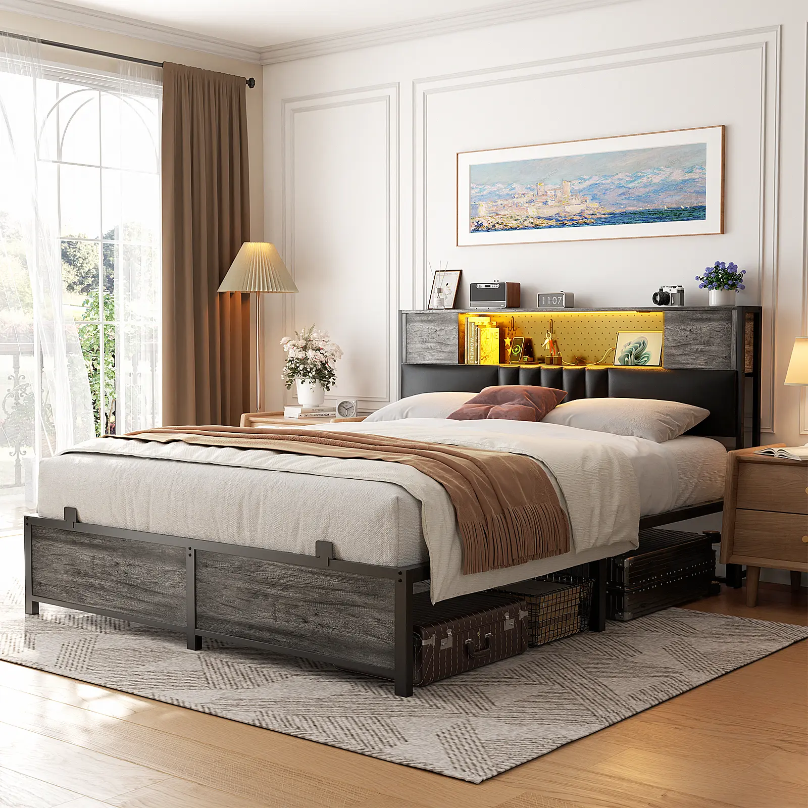Homieasy Queen Bed Frame with LED Light & Charging Station, Smart Bed Platform Metal Bed with Upholstered Headboard and Storage,Metal Slats, Easy Assembly,  Black Oak queensize bedframe bed withlight new bed led bed luxury bed smart bed