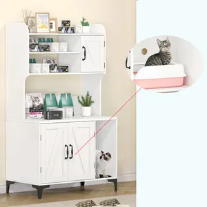 【GARVEE】Cat Litter Box Furniture,Hidden Cat Box Enclosure with Shelf Storage, Wood Sturdy Cat Washroom Storage, Indoor Cat House Furniture - White