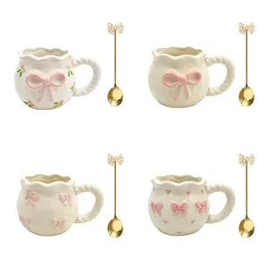 Cute Nordic Style Bowknot Mug Set with Spoon Holder, Ceramic Coffee Cup with Handle, Perfect for Home Office, Christmas Gift, Ceramic Mugs