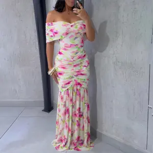 ChicMe Women's Floral Print Foldover Off Shoulder Ruched Maxi Summer Dress/Tropical Outfits Elegant Mermaid Hem Party Dress
