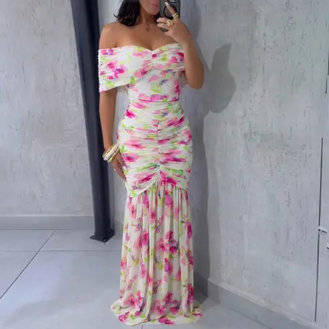 CHICME Women's Floral Print Foldover Off Shoulder Ruched Maxi Summer Dress/Tropical Outfits/Bump friendly fashion Elegant Mermaid Hem Party Dress