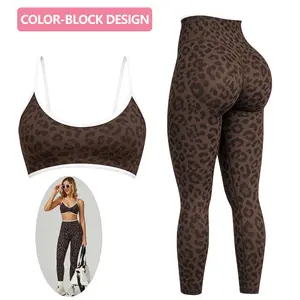 Jetjoy 2 Pieces Workout Sets for Women, Womens Leopard Workout Sets Spaghetti Straps Sports Bra Tummy Control High Waist Leggings Gym Active Yoga Outfits