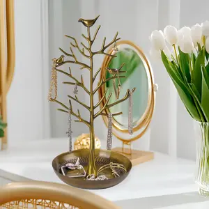 Metal Bird Tree Jewelry Display Stand, Necklace Earring Storage Rack with Tray, Antique Bracelet Ring Tower Decor for Women Girls, Home Jewelry Organizer