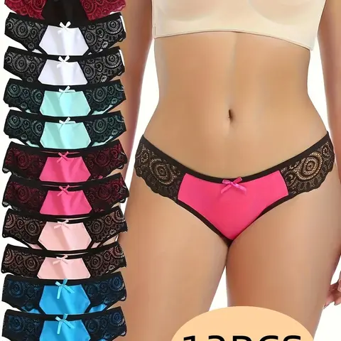 12PCS, Seamless Women's Daily Sports Underwear, Low Waist Comfortable Cotton Splicing Triangle Pants, Lace Lace Bow Underwear Underwear Bridal Lingerie Lady Womenswear Panties