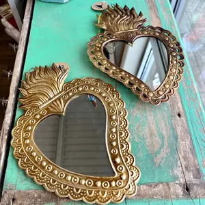 Tin Scallop Dots Sacred Heart Mirror - Decorative Mirror with Heart Design and Gold Finish