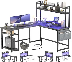 Aheaplus L Shaped Gaming Desk with Power Outlet & LED Strip, Reversible L-Shaped Desks Corner Computer Desk with Storage Shelf & Monitor Stand, Modern 2 Person Home Office Desk Writing Desk