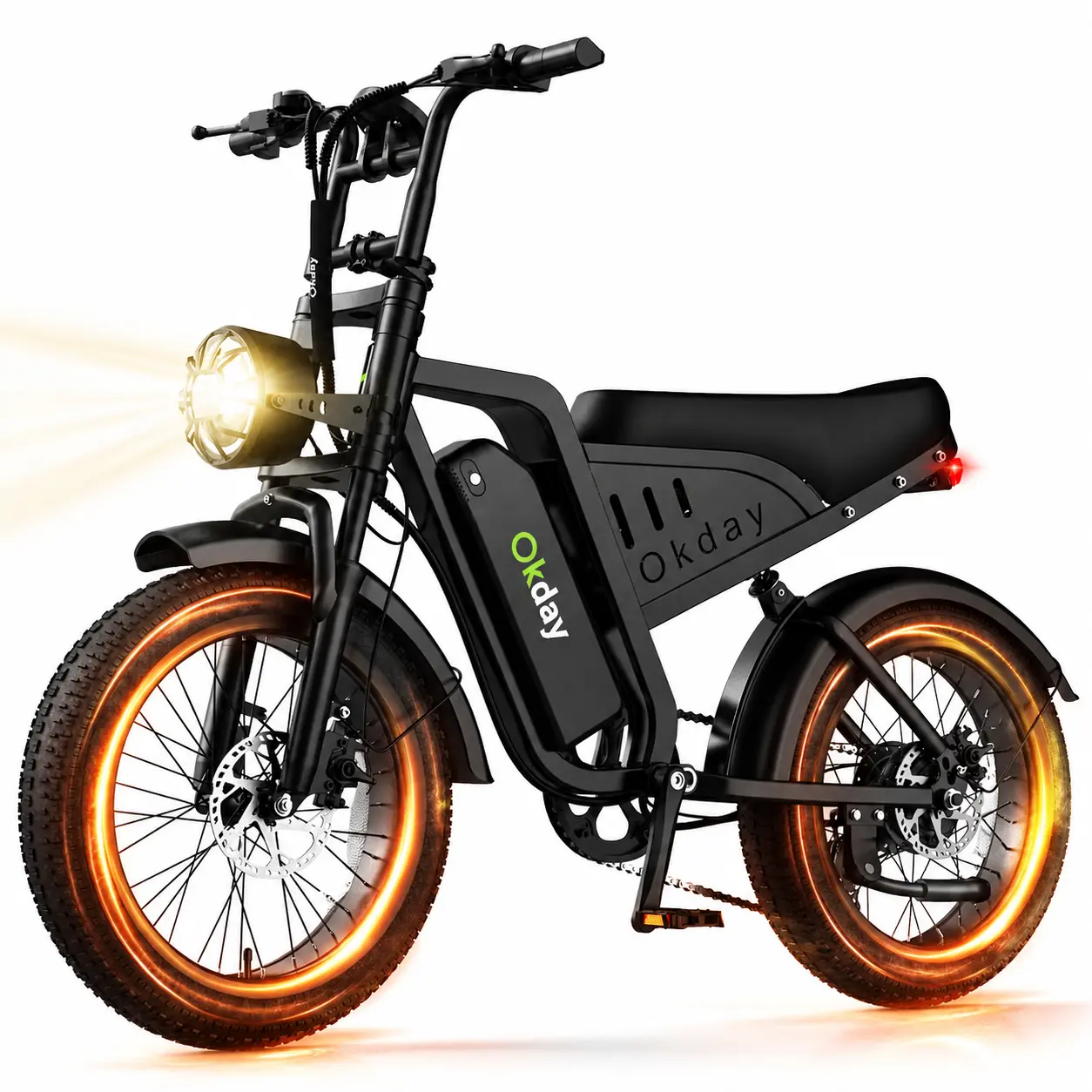 OKDAY Moped-Style Electric Bike for Adults, 1500W Peak Motor, 25 MPH, 48V 15Ah Battery, 20” x 4.0 Fat Tires, Full Suspension, 7-Speed, Rear Rack snow mountain road