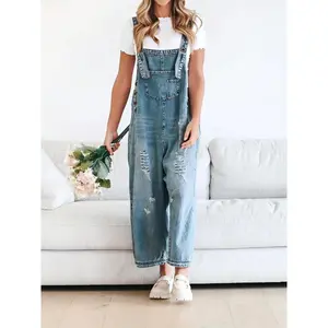 [Outdated denim workwear] Loose denim workwear - Women's casual adjustable lace up distressed denim jumpsuit with pocket fabric women's clothing
