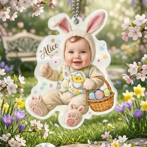 Personalized Easter Bunny Photo Ornament – Custom Baby Face Acrylic Basket Tag, Kids Easter Gift