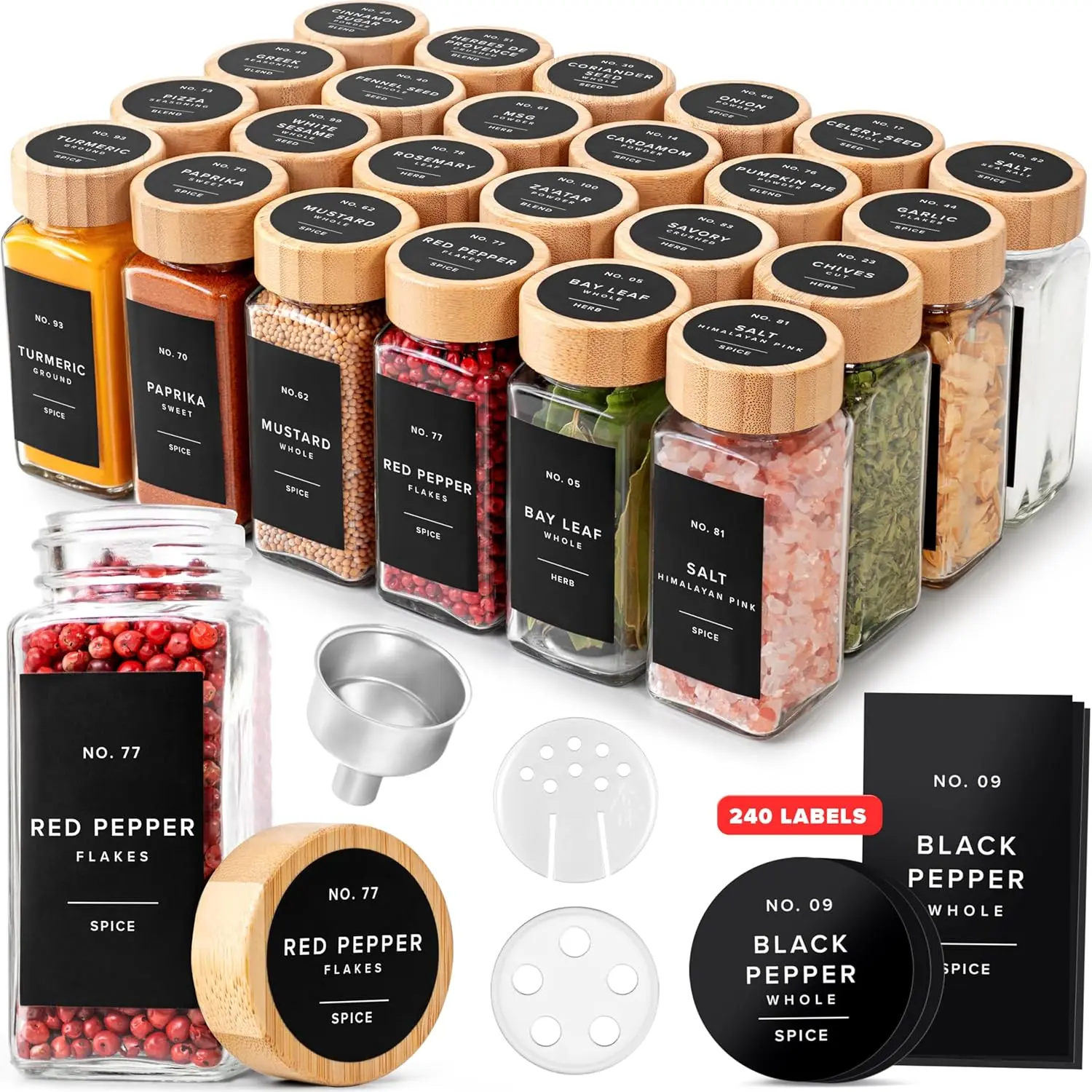 EDELHAUS® Square Glass Spice Jar Set (24-Pack) - Kitchen Preserving Containers with Bamboo Lids, Shaker Inserts, 240 Labels for Spice Organisation [4.3 in × 1.8 in]