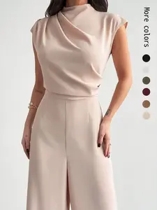 Elegant Women's High Waist Wide Leg Jumpsuit, Modern Commuter Womenswear Fashion, Stylish Chic Pleated Stand Collar Cover Sleeve, Trendy One-Piece Pants