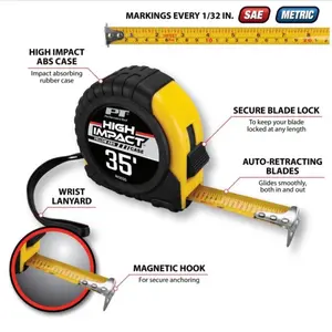 Wilmar Hand Tools 35 ft Tape Measure with High Impact ABS Case Secure Blade Lock Auto Retracting Blades Wrist Lanyard and Magnetic Hook