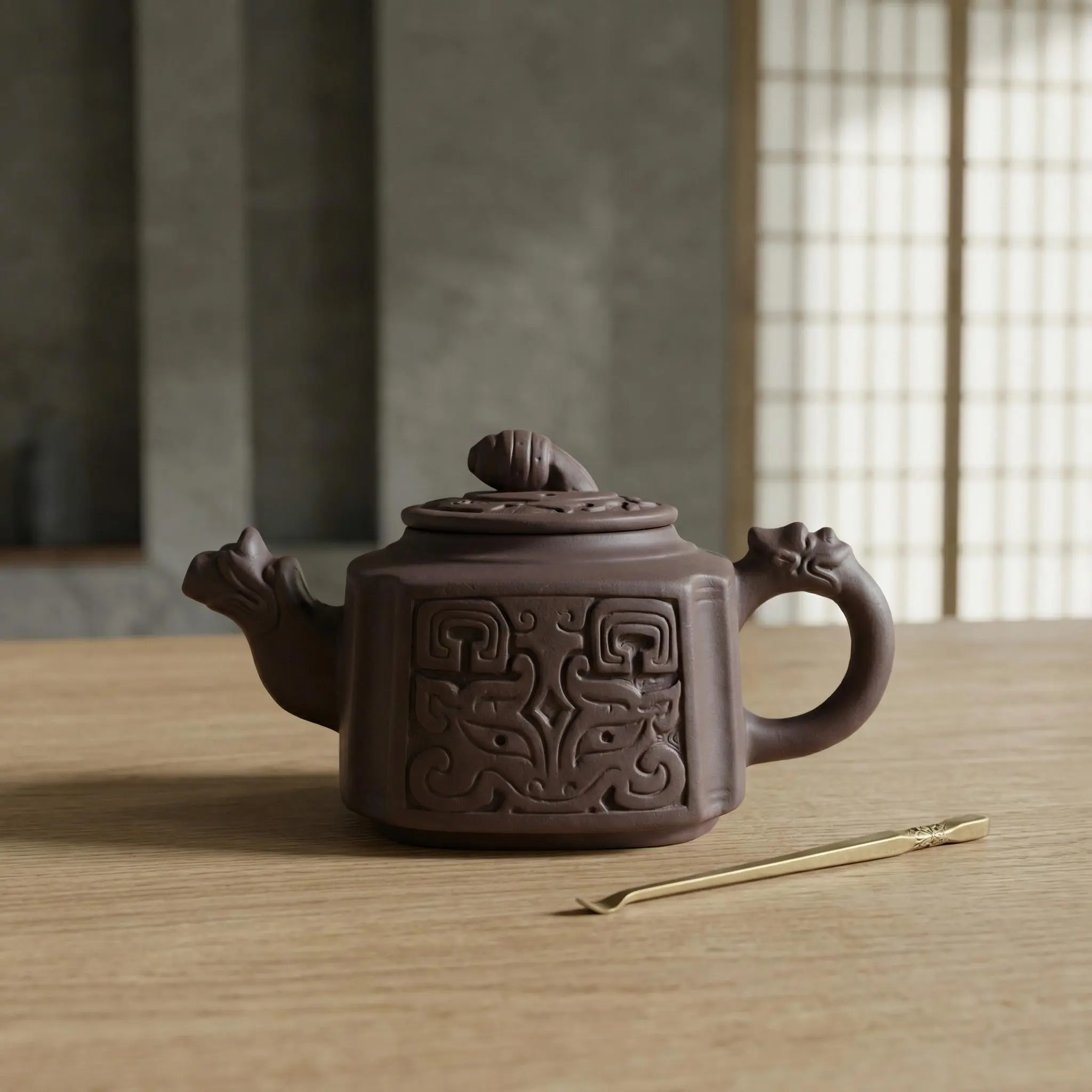 vintage collectibles Dragon Head Taotie Zisha Teapot ，Mystical Taotie Pattern Purple Clay Teapot | Dragon Head Handle | Timeless Chinese Heritage Collectible