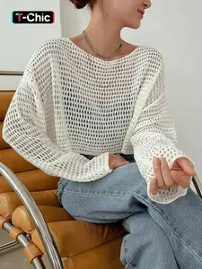 Women's Spring & Fall Loose Fit Hollow Out Long Sleeve Short Knitted Sweater Pullover, Casual Basic Plain Minimalist Design, Comfortable Daily Wear, Knitwear, Womenswear Tops
