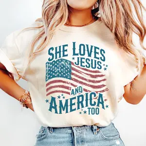 She Loves Jesus and America Too TShirt, Christian Patriotic T-Shirt Women, 4th of July Tee, Faith USA Tee, Religious July 4th Tshirt,vintage shirts,oversized tshirt women,cotton graphic tees