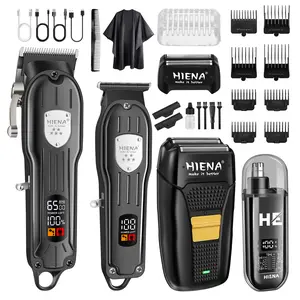 HIENA Professional Hair Clipper Kit Hyn-208+038+303+B001 Rechargeable Cordless Barber Set with Electric Foil Shavers Beard Trimmers Ear Nose Hair Trimmer & Facial Grooming Tool Black
