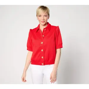 Dennis Basso Textured Short Sleeve Button Front Jacket