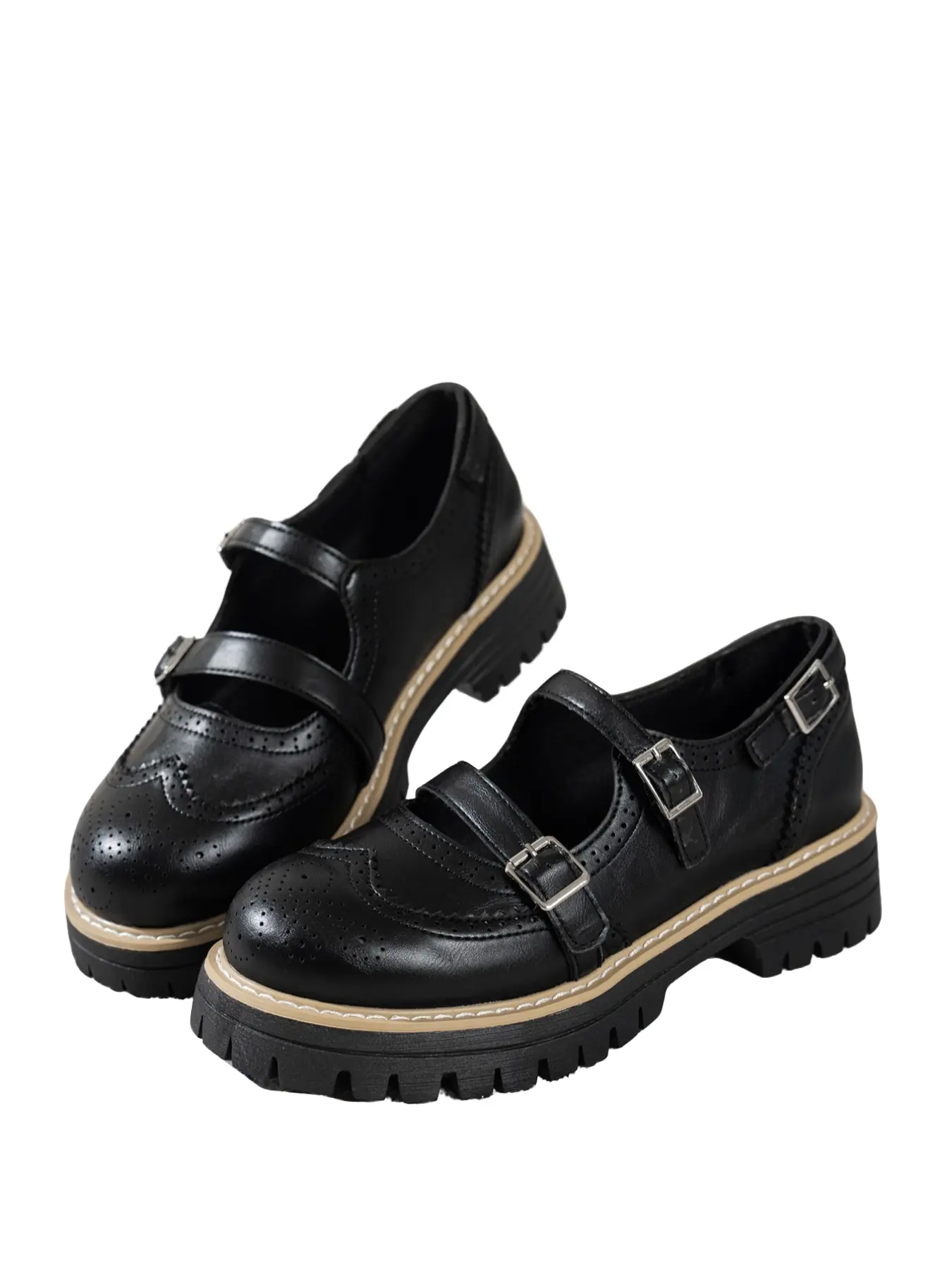 Double Buckle Strap Classic Mary Jane Shoes Women Brogue Platform Chunky Heel Casual Pumps