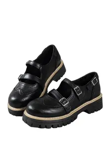 Double Buckle Strap Mary Jane Shoes Women Brogue Platform Chunky Heel Casual Pumps