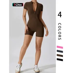 2026Fashion Zipper Yoga Jumpsuit Short Playsuit Women Romper Short Sleeve Gym Fitness Overalls One Piece Sports Suit Unitard, Athletic Style Activewear, Stylish Activewear, Gym Workout Clothes, Minimalistic Activewear..