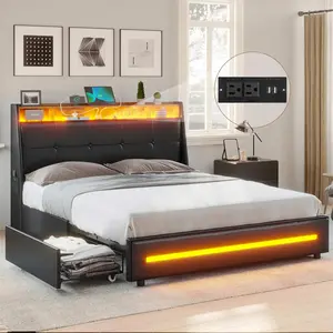 LED Bed Frame with 4 Under Bed Storage Drawers Black
