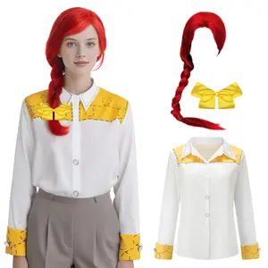 Women's Dress-Up Cowgirl Costume Halloween Western Outfit Yellow And White Color-blocked Button Down Shirt, vibrant red wig, and bow hair clip,