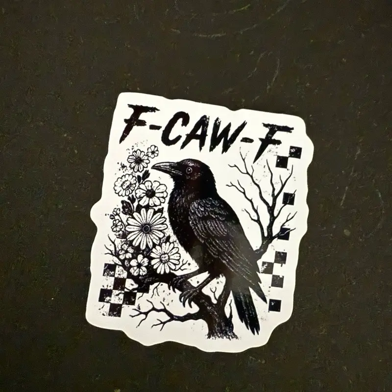 F-caw-F Water Bottle Sicker Size 2.5x3 with Bird and Floral Design on Black Background