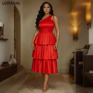 One Shoulder Cinched Waist Layered Hem Valentine's Day Midi Dresses