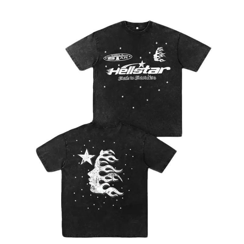 Hellstar Vintage Unique Print Washed Cotton T-Shirt Men's Casual Loose Fit Summer Ready Tee Whimsical Design Top Distressed Festive Tshirt Streetwear Shortsleeve