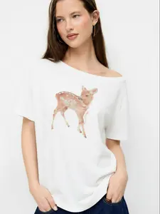 Cider Cotton-blend Deer Graphic Asymmetrical Neck Oversized Tee