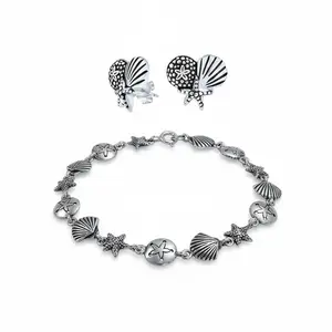 Nautical Sand Dollar Starfish Seashell Charm Bracelet & Stud Earrings Set Silver