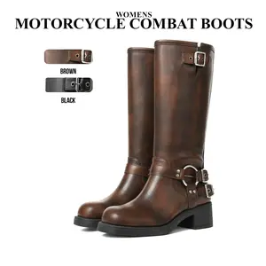 CYNLLIO Motor Cycle Combat Boots Women Round Toe Fashion Metal Buckles Chunky Block Heel Rivets Wide Calf Riding Boot Pull On Casual Vintage Dress Spring Rocky Boots Chunky Heel Vintage Riding Boots