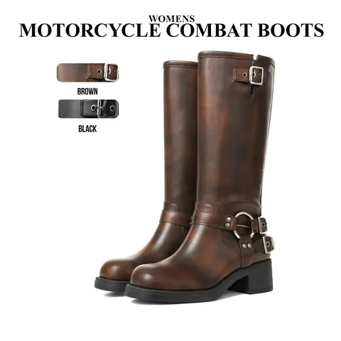 CYNLLIO Womens Motorcycle Combat Boots Round Toe Fashion Metal Buckles Chunky Block Heel Rivets Wide Calf Riding Boot Pull On Casual Vintage Dress Fall Rocky Riding Boots