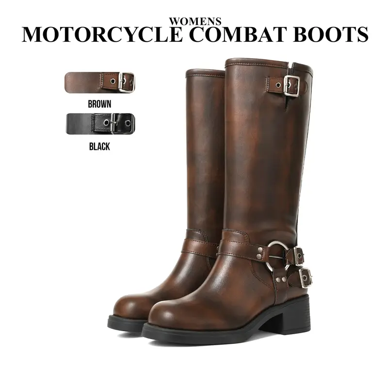 CYNLLIO Womens Motorcycle Combat Boots Round Toe Fashion Metal Buckles Chunky Block Heel Rivets Wide Calf Riding Boot Pull On Casual Vintage Dress Fall Rocky Riding Boots