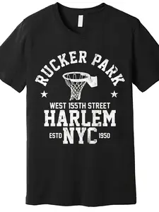 Rucker Park New York Streetball Graphic T-Shirt - Men's Black Short Sleeve Tee with Basketball Hoop Design, Crew Neck, Machine Washable
