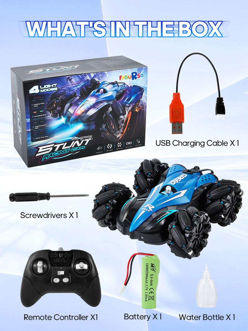 Fygurso Remote Control Car RC Cars with Sides Light Strip and Headlights Double Sided 360 Flips Rotating RC Stunt Car,2.4Ghz All Terrain Toys for Kids Toy for Boys Girls Birthday Gift(Blue)
