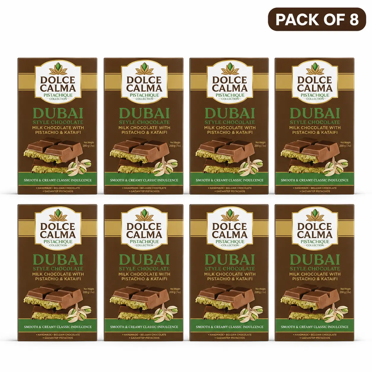 Dolce Calma Milk Dubai Chocolate Bar Ships With Two Ice Gel Packs (200g / 7oz) – Authentic Handmade Belgian Chocolate with Turkish Pistachio & Crispy Kataifi, Kunafa Filling, No Palm Oil - Pack of 8