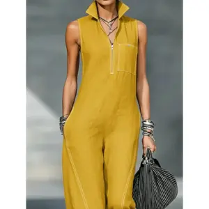Women’s sleeveless casual loose cotton-linen jumpsuit with a stand collar, new style, comfortable to wear all year round GARMENTARY