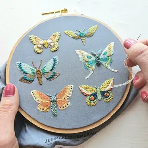 Moth Sampler DIY hand embroidery kit, intermediate embroidery craft project with sewing supplies and online video tutorial