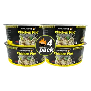 Instant Chicken Pho, Authentic Vietnamese Rice Noodle Soup Kit with Spices & Broth Mix, Ramen Noodles Alternative, Quick Microwave Meal - Pho Noodles Bowl - Chicken Flavor (4 Pack) Food
