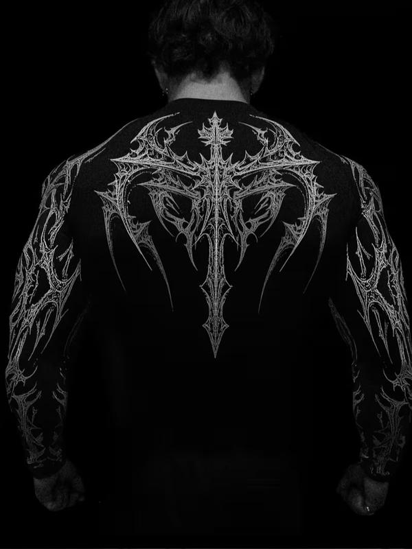 Men's Professional Sports Quick-Dry Fitness Shirt, Gothic Print Long Sleeve, High Elasticity, Round Neck, Moisture-Wicking, Running, Training, Daily Wear, Athletic Top