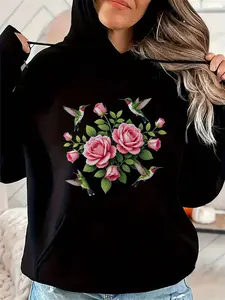 Women's Loose Casual Pullovers with Black Hummingbird and Rose Prints, Soft and Elastic Fabric, Adjustable Drawstring Hood, Machine Washable, Sizes S to 3XL for Autumn and Winter, Medium Elastic Fabric Printed Womenswear