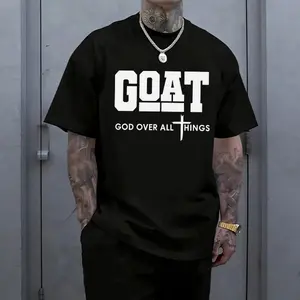 Men’s “GOAT God Over All Things” Christian graphic T-shirt, bold letter print short-sleeve tee, breathable casual streetwear top for church events, faith-based activities, and everyday summer wear