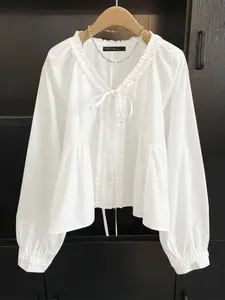 Women's Casual Shirt Blouse, V Neck Long Sleeve Wooden Trim Bow Design, Loose Fit Plain Pattern, Ideal for Daily, All Seasons