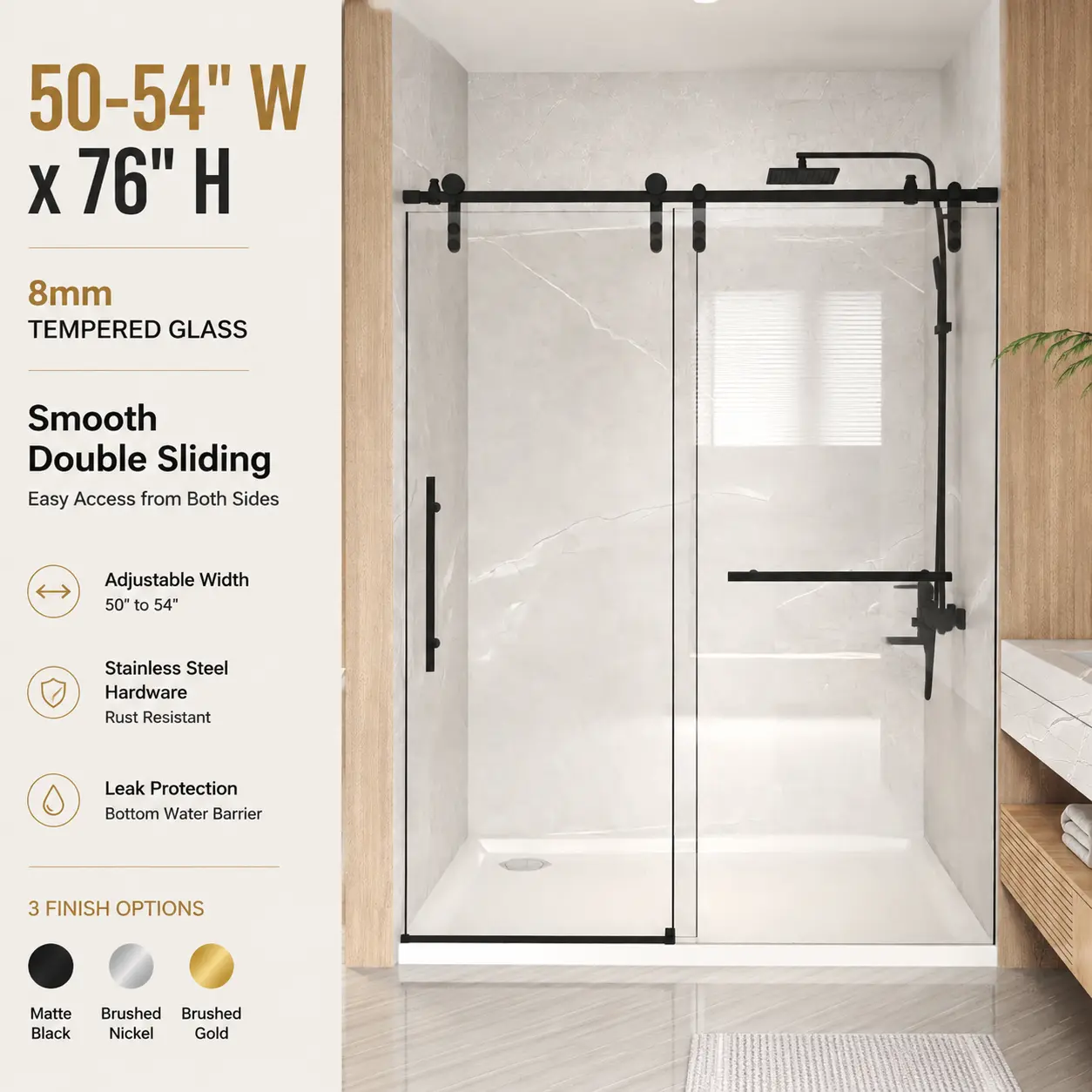 50-54" W x 76" H Frameless Sliding Shower Door, 5/16" (8mm) Clear Tempered Glass, Stainless Steel Hardware, Adjustable Width