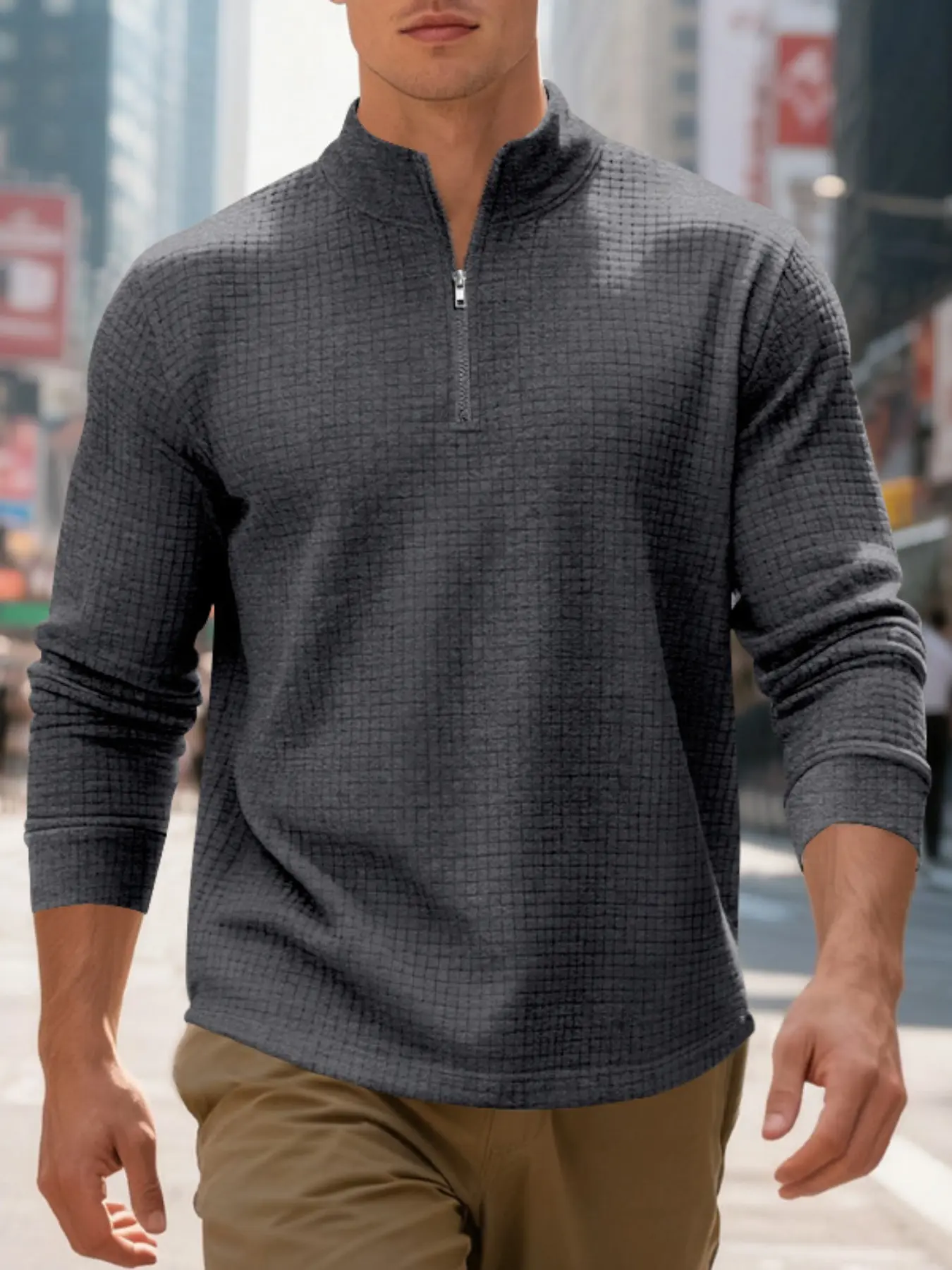 Men's Waffle Knit Half-Zip Long Sleeve Fitted Pullover, Fashionable Autumn Casual Wear, Comfortable Daily Home Clothes, Hot Selling Men's Clothing, Knitwear