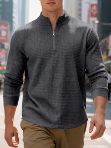 Men's Waffle Knit Half-Zip Pullover, Fashionable Autumn Casual Wear, Comfortable Daily Home Clothes, Hot Selling Men's Clothing