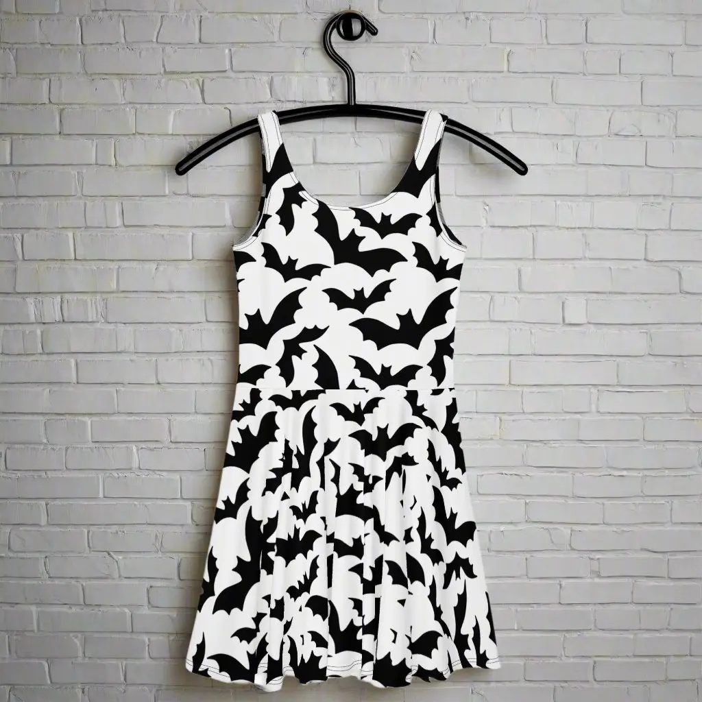 Women's Monochrome Bats Print Spandex-Blend Skater Dress, All Seasons Casual Dress