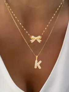 Women's Elegant Stainless Steel Necklace Set, Zirconia Bubble Initial Bow Pendant, Multi-Layer Chain Jewelry, Dainty Layering Jewelry, Layered Necklaces